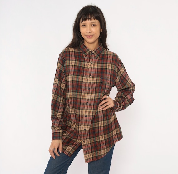 80s Plaid Flannel Shirt Burgundy Green Tan Button Front Pocket Long Sleeve Point Collar Grunge Wine Red Tartan Check Top Vintage Large Tall