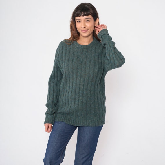 Shetland Wool Sweater 80s Green Ribbed Knit Pullover Sweater Scottish Jumper Flecked Plain Crewneck Fall Vintage 1980s Anthony Foxx Medium M
