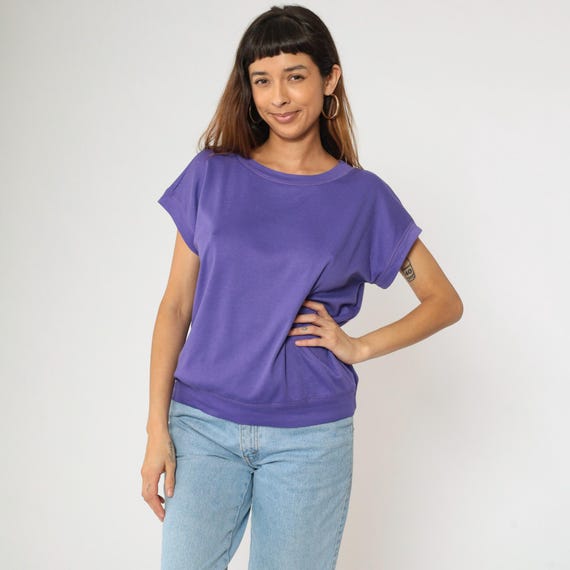 90s Slouchy Purple Shirt Loose Fit Banded Hem Tshirt Round Neck Plain T Shirt 1990s Top Retro Tee Vintage Short Dolman Sleeve Large