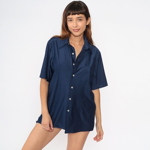 70s Button Up Shirt Men's Large Navy Blue Oxford Shirt Shiny Dagger Collar 1970s Disco Top Vintage Collared Plain Short Sleeve 16 16 1/2