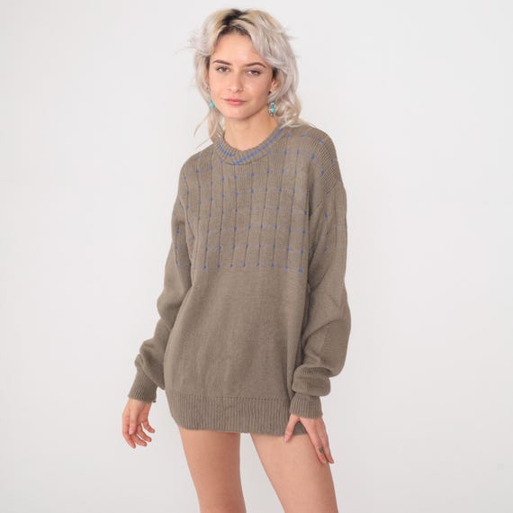 Oversized Wool Sweater 80s Vintage Preppy Slouchy Crewneck Italian Knit Pullover Taupe Tan Drop Shoulder Retro Jumper Unisex Large L