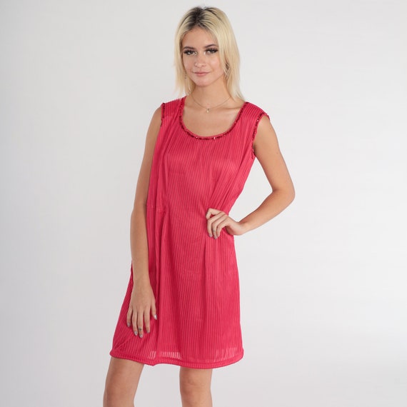 Dark Pink Party Dress 70s Mod Mini Dress Sequin Trim Semi-Sheer Pleated Twiggy Cocktail Shift Minidress Go Go Sleeveless Vintage 1970s XS