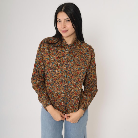 Y2K Button Up Shirt Brown Levi's Dockers Floral Blouse Long Sleeve Top 00s Vintage Bohemian Cotton Petite Small