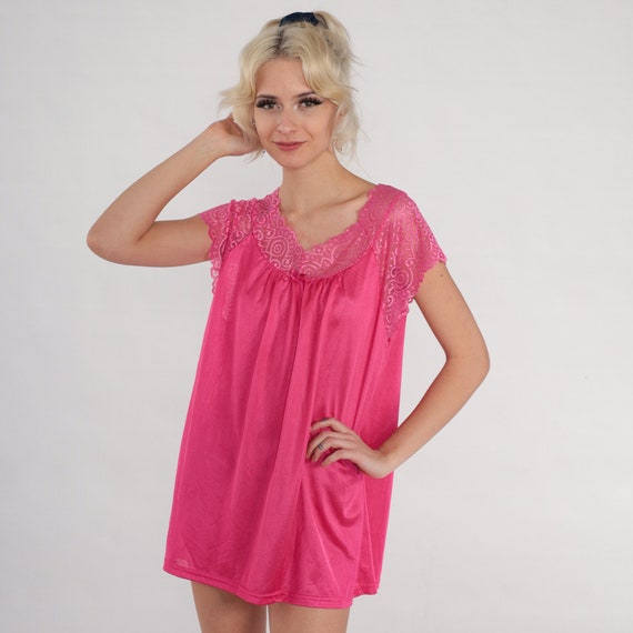 Pink Pajama Top 90s Lace Lingerie Night Shirt Retro Short Sleeve Floral Pajamas Tunic Top Lounge Sleep Boho Vintage 1990s Nylon Small S