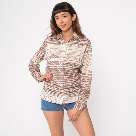 Geometric Striped Shirt 70s Vintage Devon Rust Brown Cream Diagonal Pattern Button Up Pointed Collar Long Sleeve Retro Abstract Medium M