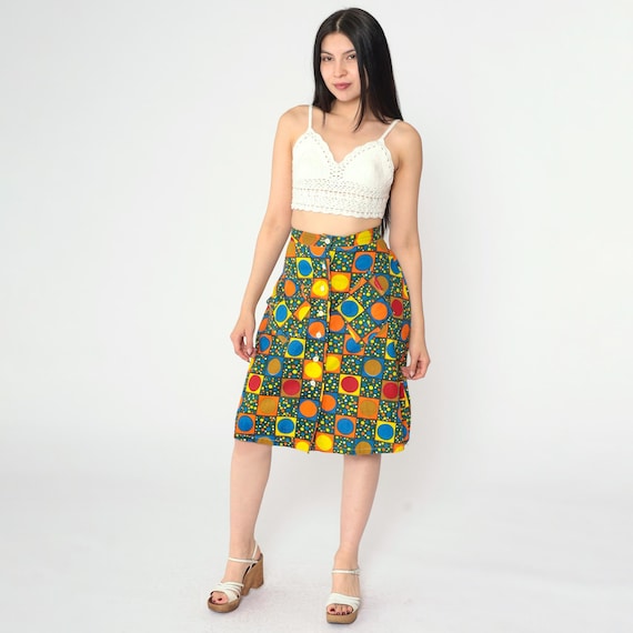 70s Polka Dot Skirt Midi Skirt High Waisted Mod Skirt Button Up Retro 1970s Vintage Geometric Psychedelic Pocket Skirt Small S