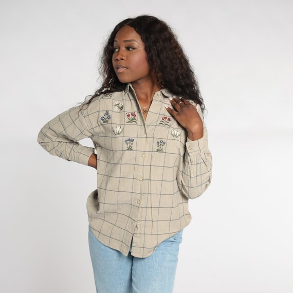 Checkered Floral Blouse 90s Embroidered Button Up… - image 2