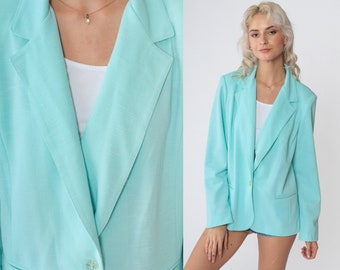 Aqua Blue Blazer 70s Jacket Button up Suit Jacket Disco Retro Seventies Simple Deep V Neck Preppy Bright Turquoise Vintage 1970s Medium M