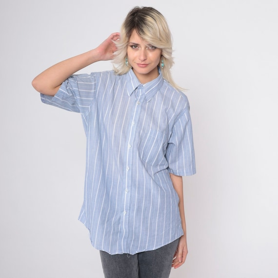 Blue Striped Shirt 80s Button Up Shirt Semi-Sheer White Cotton Blend Shirt Vintage Short Sleeve Oxford 1980s Men's 15 1/2 Medium