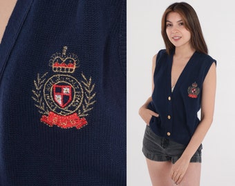 Navy Blue Sweater Vest 90s Button Up Knit Tank Top Embroidered Crest Retro Preppy Sleeveless Sweater V Neck Cotton Vintage 1990s Medium M