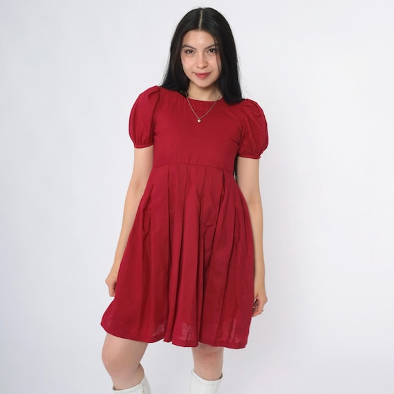 80s Burgundy Party Dress Puff Sleeve Babydoll Mini Dress Red High Waisted Pleated Vintage 1980s Formal Dolly Dress 2xs