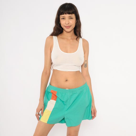 80s Color Block Swim Trunks Teal Orange Yellow Elastic Waist Drawstring Cotton Shorts Beach Summer Athletic Surf Colorful Casual Mens Large