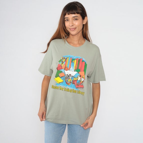 Library T-Shirt Y2K Reading Shirt Discover New Trails Graphic Tee Retro Nerd Bookworm Reader TShirt Reading Adventure Vintage 00s Medium M