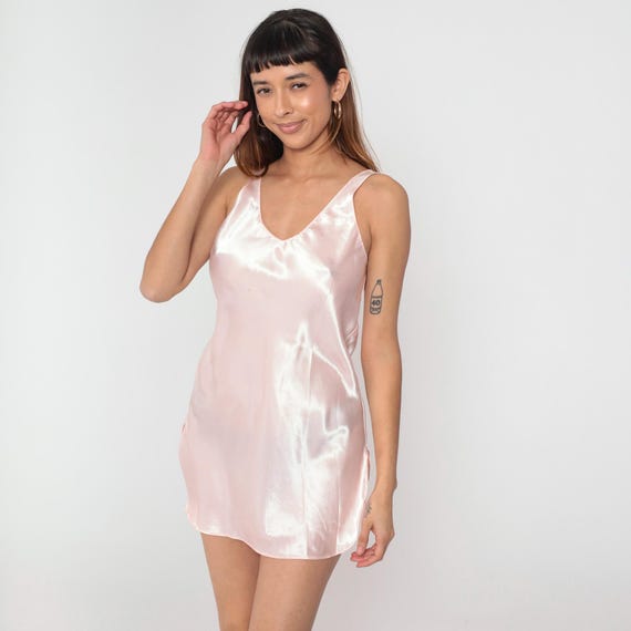 Vintage Pink Satin Slip Dress 90s Lingerie Mini Dress Retro Nightgown Low Back Tank Strap Nightie Sexy Pastel Chemise 1990s Small S