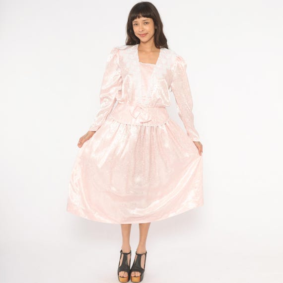 Blush Jacquard Peplum Dress 80s Scott McClintock Lace Bow Front Puff Sleeve Square Neck Drop Waist Pleated Skirt Rose Pink Two Piece Medium