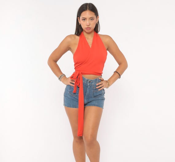 70s Wrap Halter Top Red Tie Waist Crop Blouse Backless Surplice V Neck Sleeveless Summer Coral Scarlet Shirt Vintage Small Medium Large