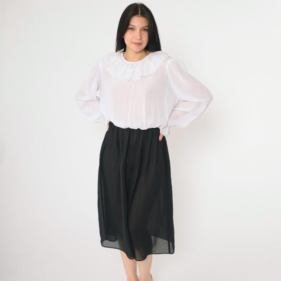 Vintage 80s Ruffle Collar Dress S M Black White Midi Semi-Sheer Plain Secretary High Elastic Waist 1980s Long Sleeve Romantic Small Medium