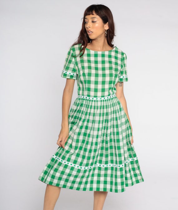 1960s Plaid Dress Green White Buffalo Plaid Dress… - image 3