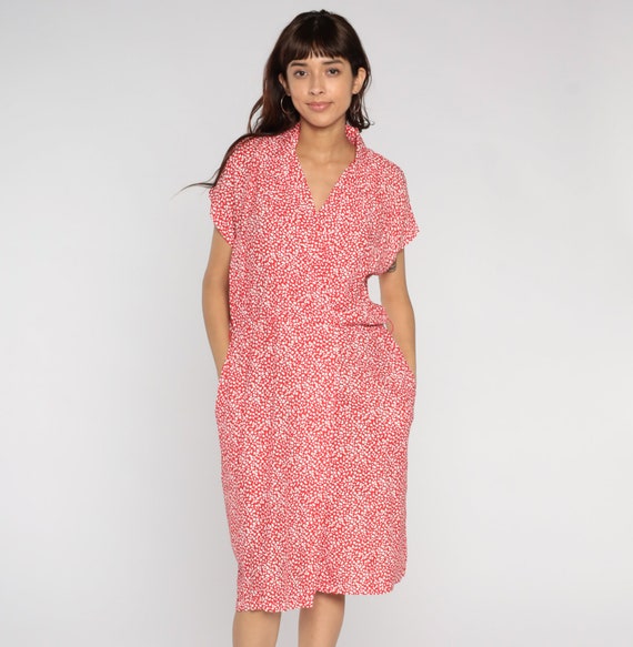 Midi Wrap Dress 80s 90s Red Pebble Print Pocket Dress V Neck Short Sleeve High Waisted Secretary Dress Day Vintage All That Jazz Large 14