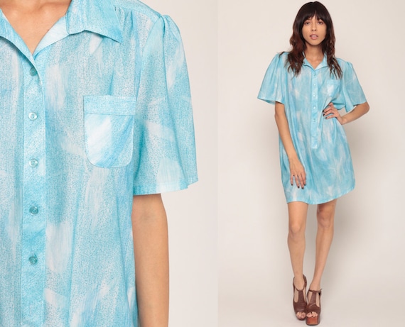 Button Up Dress Mini Shirtdress 70s Shift WATERCOLOR Floral Print Puff Sleeve Blue Tent Dress 80s Vintage Boho Hippie Bohemian Retro Large