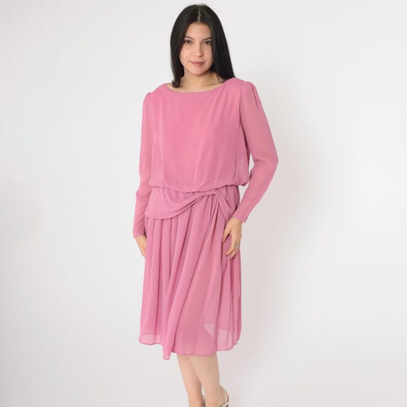 Vintage Pink Chiffon Dress 80s Semi-Sheer Midi Dress Boho Puff Sleeve Dress Peplum Blouson 1980s High Waist Long Sleeve Small Medium