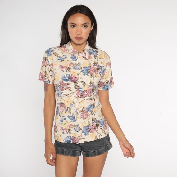 Silk Floral Shirt 90s Button Up Shirt Short Sleeve Top 1990s Vintage Collared Summer Shirt Beige Blue Yellow Botanical Short Small S