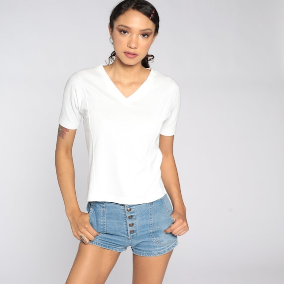 White V Neck Shirt 80s Tee Shirt Plain Tshirt Vintage Tee Cotton Poly T Shirt 1980s Small