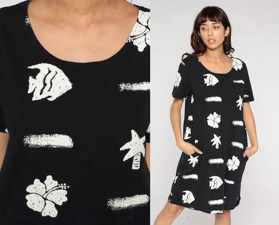 Tropical Mini Dress Y2K Black Hawaiian Hibiscus Flower Fish Print