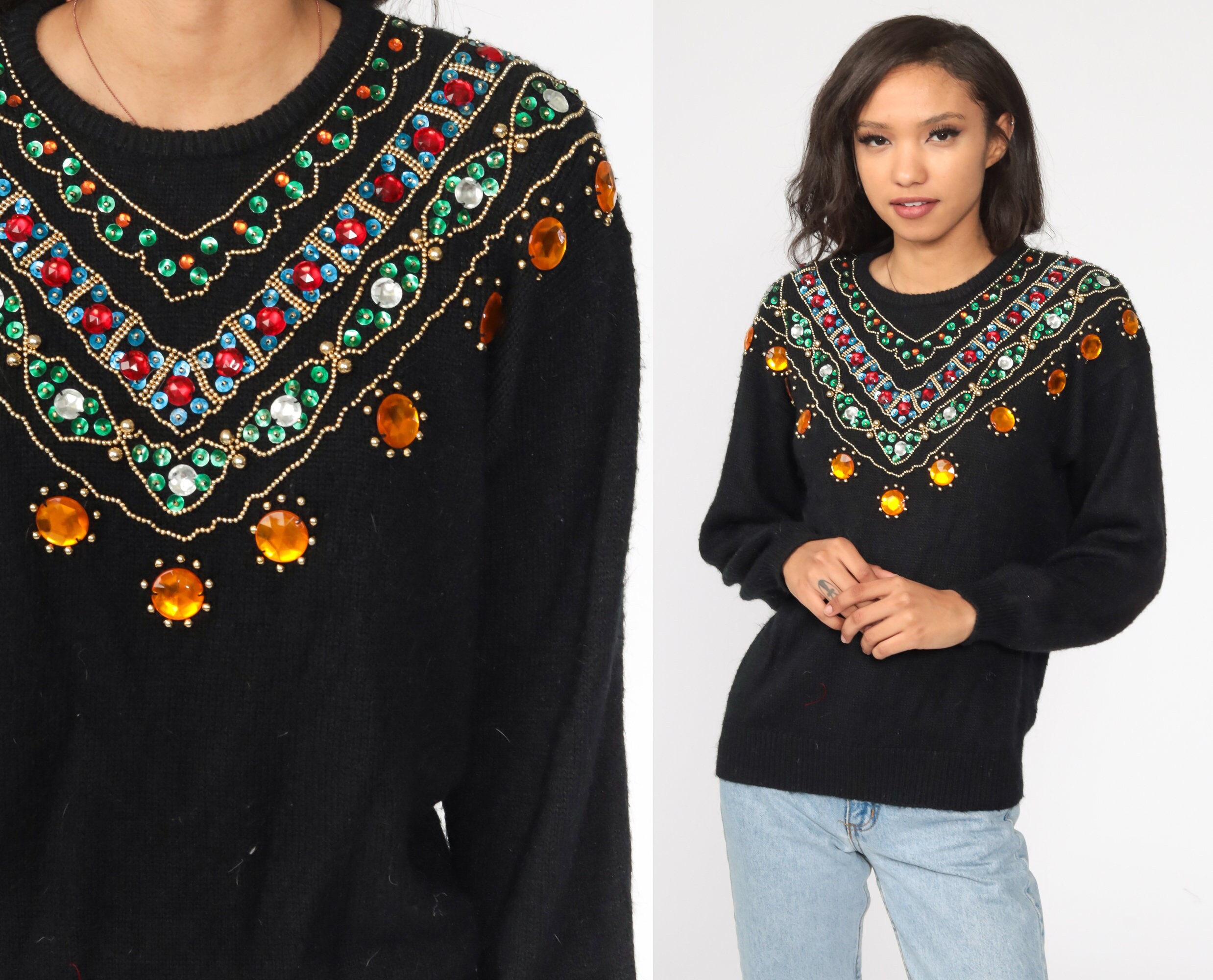 Beaded Wool Sweater 80s Black Sweater 