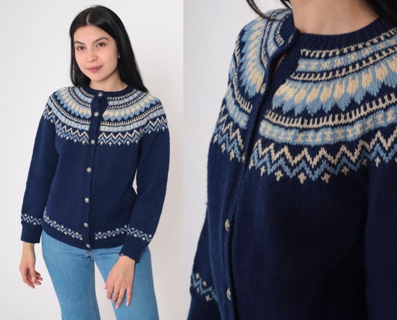 70s Wool Cardigan Navy Blue Icelandic Sweater But… - image 1