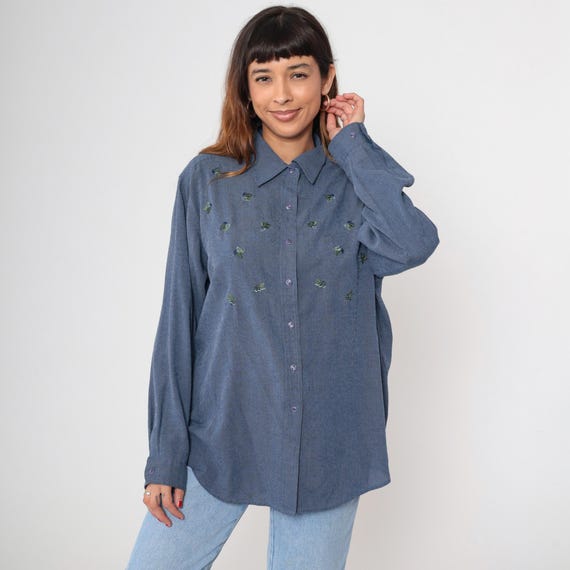 Floral Button Shirt Y2K Blue Vintage Oversized Long Sleeve Cottagecore Prairie 2000s Romantic Feminine Button Down Blouse  Extra Large XL