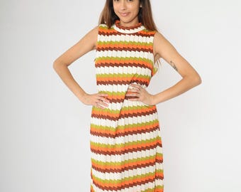 Vintage 60er Jahre Geometric Mod Kleid Mock Neck Psychedelic Gestreiftes Etuikleid Midi Grün Orange Weiß 1960s Twiggy Op Art Ärmellos Medium Large M L