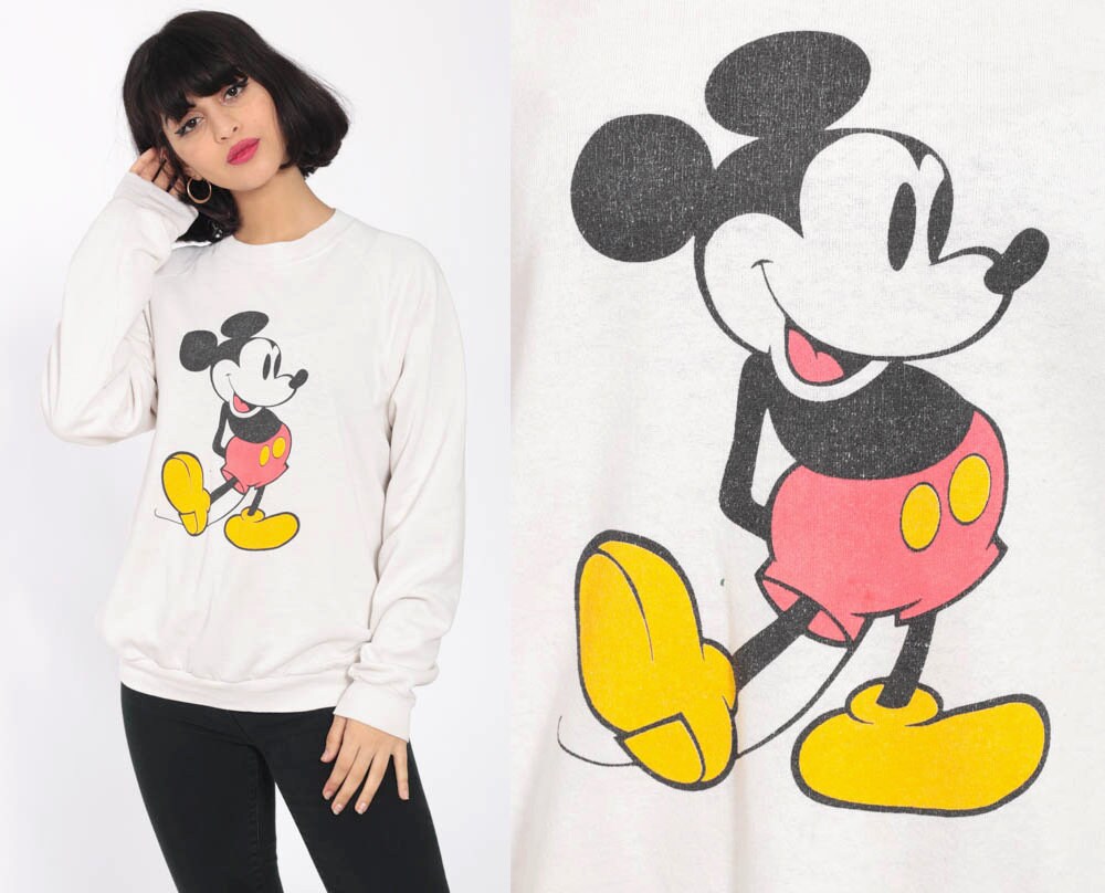 Mickey Mouse Sweatshirt Worn Disney Sweater 80s Raglan Sleeve Faded Grunge Shirt Cartoon White 