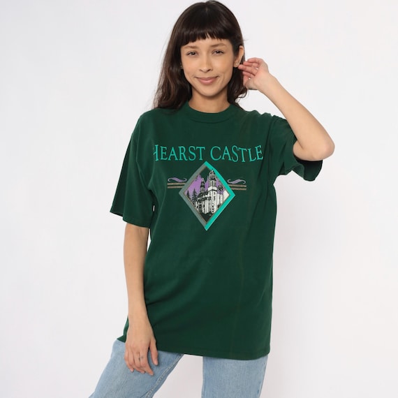 Hearst Castle Tee 90s Forest Green Cotton Graphic T-Shirt Tourist Souvenir California Travel Vintage Crew Neck Short Sleeve Landmark Large L