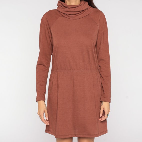 70s Turtleneck Dress Brown Mini Mod Shift Retro V… - image 6