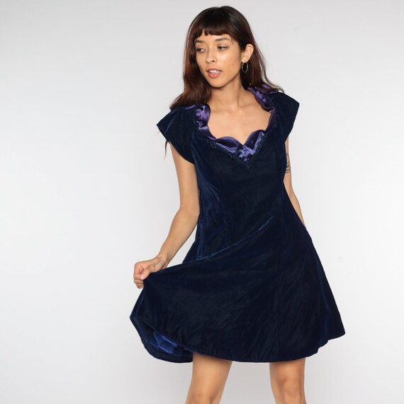Velvet Party Dress 80s Navy Blue Velvet Ruffle Mi… - image 5