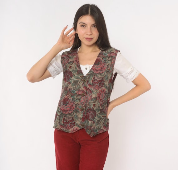 Floral Tapestry Print Vest 90s Button Front Burgundy Teal Rose Print V Neck Jacquard Top Wine Green Victorian Cottagecore Vintage Large L