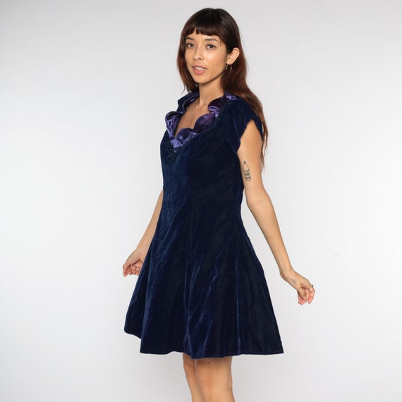 Velvet Party Dress 80s Navy Blue Velvet Ruffle Mi… - image 4