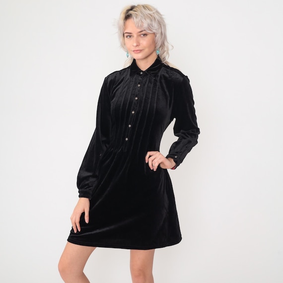 Vintage Black Velour Dress Y2K Gothic Button Up Dress Long Sleeve Mini Dress Shirtdress Goth 00s Collared Shift Small S