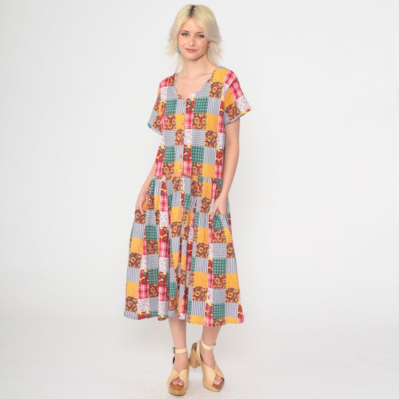 90s Patchwork Floral Dress Checkered Sunflower Midi Button Up Dress Red Mixed Print Short Sleeve Low Waist 1990s Vintage Boho Large Petite
