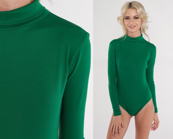 Green Bodysuit 90s Mock Neck Leotard Long Sleeve One Piece Shirt