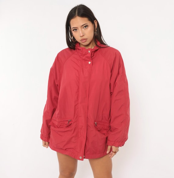 90s Eddie Bauer Red Windbreaker Jacket Zip Front Snap Collar Nylon Coat Gorpcore Outdoor Raglan Sleeve Light Mesh Lined Vintage Medium M