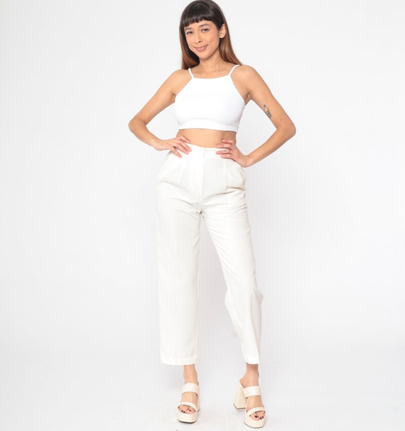 Off-White Trousers 80s Pleated Ankle Pants High Waisted Straight Leg Slacks Basic Minimalist Preppy Vintage 1980s Smart Pants Extra Small xs