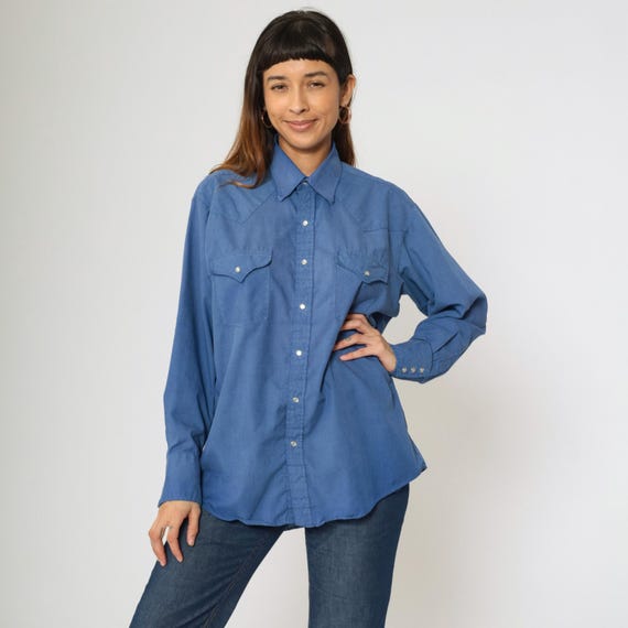 Vintage Ely Western Shirt Blue Pearl Snap Shirt 80s Long Sleeve 1980s Button Up Retro Plain Rodeo Cowboy Shirt Men's 16 33 Large L