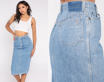 Denim Pencil Skirt 90s Blue Jean Midi Skirt High Waisted Wiggle Rear Black Slit Retro Streetwear Fitted Boho Vintage 1990s Extra Small xs 24