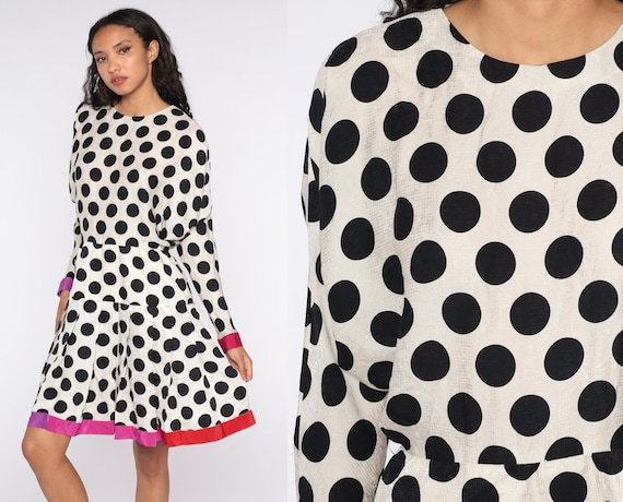 90s Polka DOT Dress Dolman Sleeve 80s Secretary High Waisted Midi PLEATED Dress 1990s Long Sleeve Black White Vintage Small S