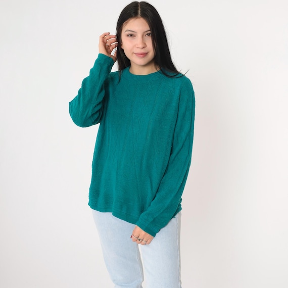 80s Teal Textured Sweater Geometric Floral Slouchy Knit Crewneck Sweater 1980s Jumper Vintage Plain Green Retro Medium