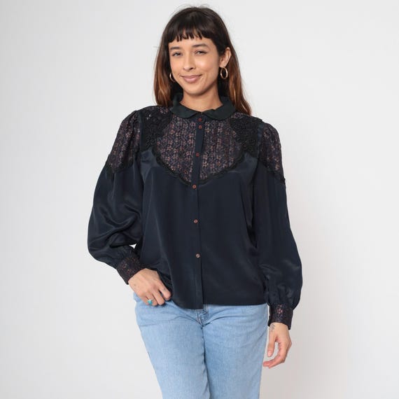 Vintage 80s Black Satin Blouse Metallic Lace Yoke Beaded Sequin Long Puff Sleeve Button Up Romantic Gothic Top 1980s Party Formal Medium M