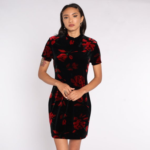 Velvet Mini Dress 90s Floral ASIAN Mandarin Collar Rose Print - Etsy