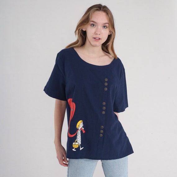 Elephant T-Shirt Y2K Cartoon Shirt Boy Animal Graphic Tee Cute Kawaii TShirt Navy Blue Buttons Children's Illustration Vintage 00s 2xl xxl